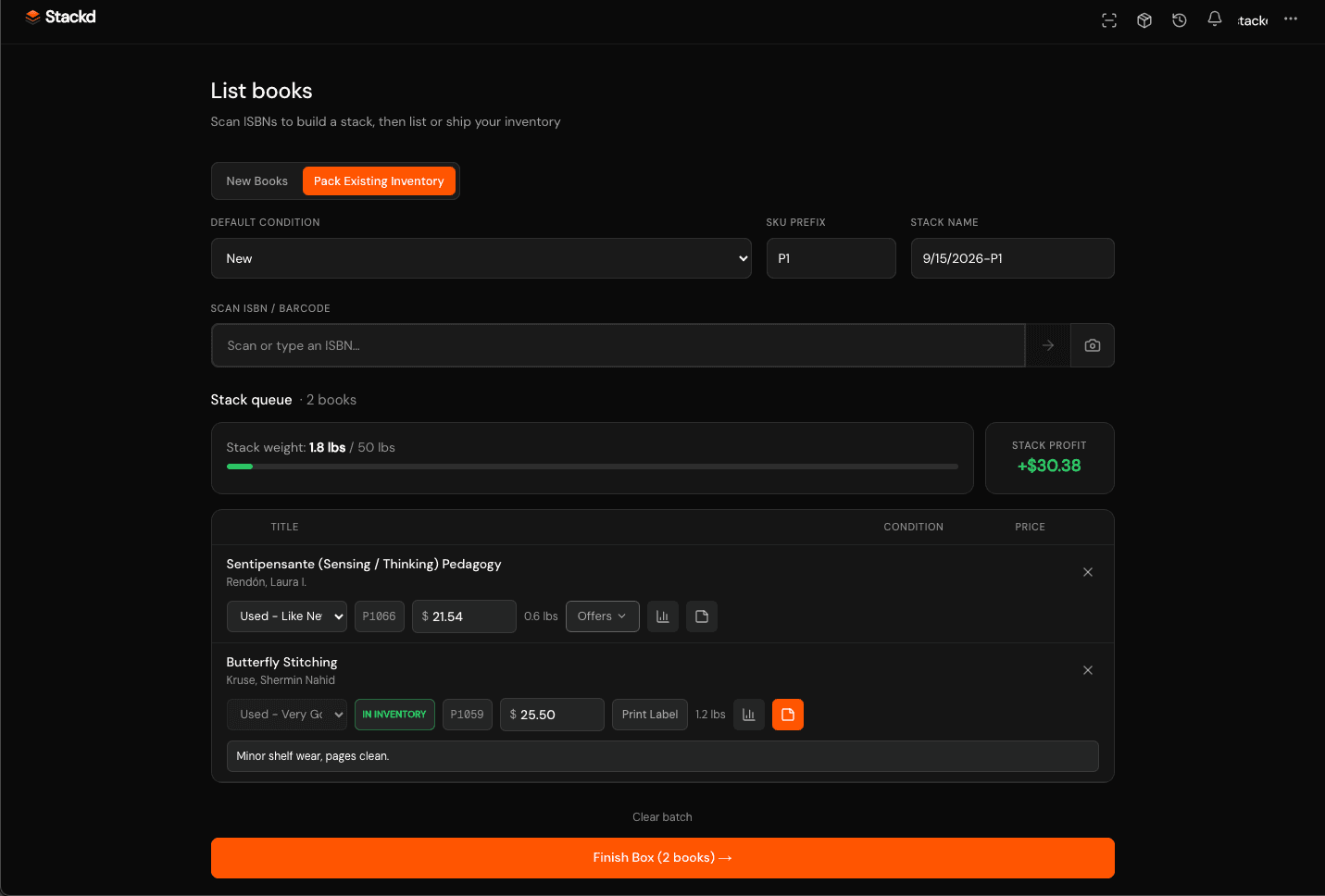Stackd desktop listing workflow with a two-book inventory stack