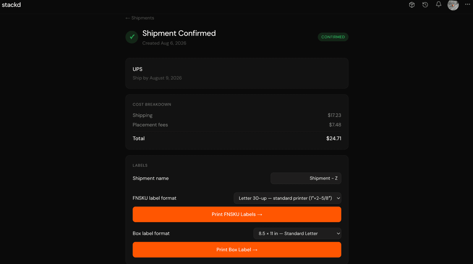 Stackd shipment confirmation with FNSKU and box label printing